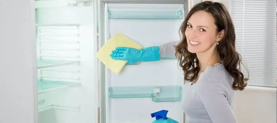 A woman cleans the fridge
